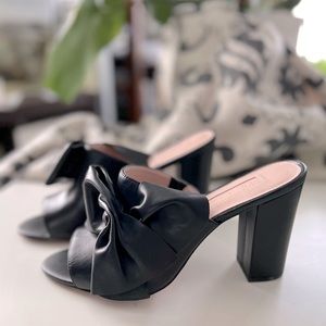 Avec Les Filles Block Heel Leather Slides with Bow